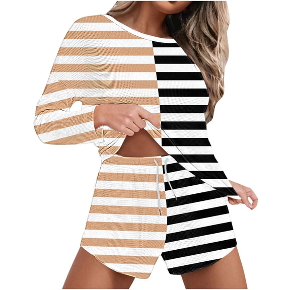YUGYXL Festival Outfits for Women Womens 2 Piece Lounge Set Oversized Long Sleeve Sweater Top and Shorts Trendy Casual Waffle Knit Outfits Khaki XL