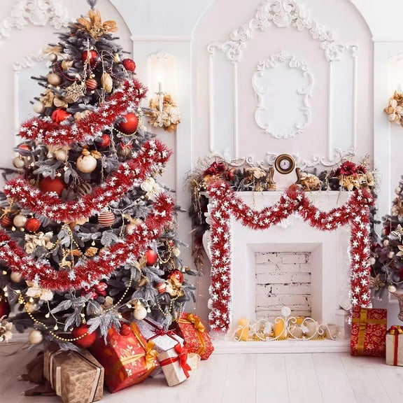 FeiFu 196.85in Christmas Red Snowflake Tinsel Christmas Tree Decor Christmas Scene Setup Decor Shiny Red Tinsel for Tree Wreath and Holiday Ambience Enhancement