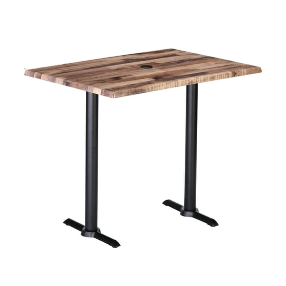 Two Indoor/Outdoor 42" Tall OD211EB Black Table Bases with a 22" Foot and a 30" x 48" Indoor/Outdoor Rustic Top with Umbrella Hole by the Holland Bar Stool Co.