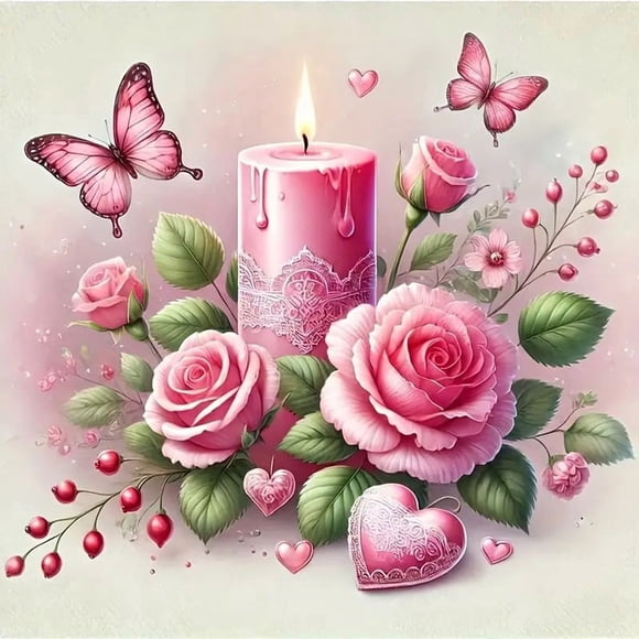 Peinture Diamant Bougie Florale Romantique Image Papillon Kits de Broderie Diamant 5D Décoration d'Art Maison, 35*35cm, Cadre Non Inclus.,3715