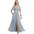 thumbnail image 1 of Vestido de dama de honor deamify, cuello en V, mangas onduladas, línea A, 1 of 7