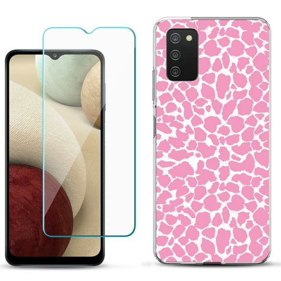 Slim-Fit TPU Phone Case Compatible with Samsung Galaxy A02s, with Tempered Glass Screen Protector, by OneToughShield ® - Giraffe/Pink