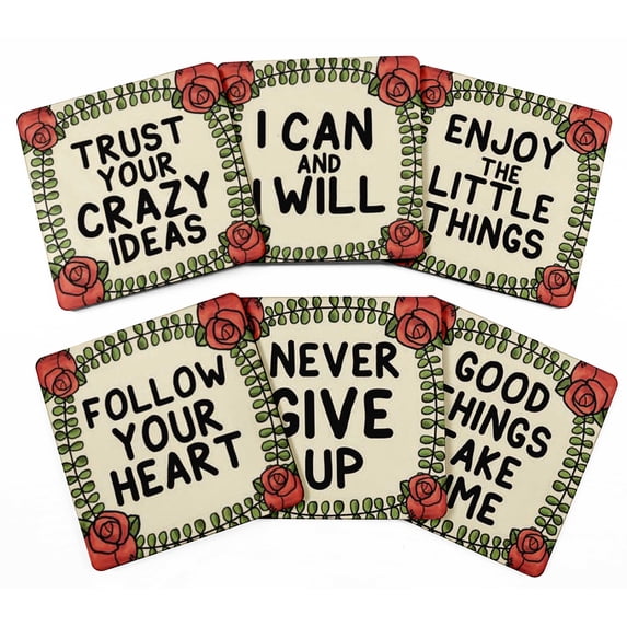 Inkdotpot Set of 6 Drink Coasters DecorativeNon,SlipCork Base4-inch Square PrintedCoastersEasy Clean- Quotes