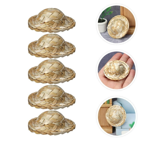 GAXIRE 5-Pack Mini Khaki Straw Hats for Dollhouse Decor, Model Accessories, 4.2 x 1.7 x 1.7 inches