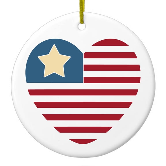 DistinctInk Hanging Ceramic Christmass Tree Ornament with Gold String - Great Gift / Present - 2 3/4 inch diameter - USA Heart Seal Single Start Flag