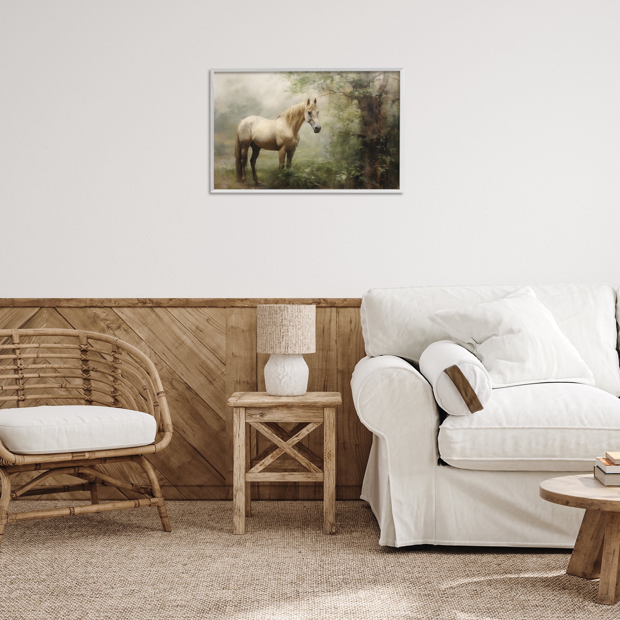 Stupell Industries Horse in Forest Woods Landscape Painting White Framed Art Print Wall Art, 24 x 16