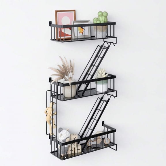 YFLXDMLYYSC 3-Tier Fire Escape Wall Shelf, Decorative Floating Shelf, Wall Art Ladder Shelf, Black Metal Trinket Shelves for Bedroom, Home, Office, Storage and Display