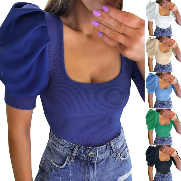 Fesfesfes Women's Short Sleeve Tops Women's Low Cut Round Neck Bubble Sleeve Threaded Fashion Slim Fitting Short Sleeved T-shirt Mesh Short Sleeve Tops for Women 6(M)