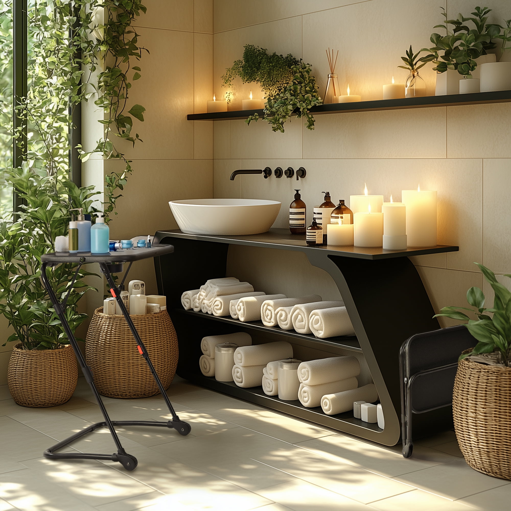 Homylin Bandeja de Baño Plegable Impermeable Organizador para Bañera con Soporte Antideslizante, Portacelular y Toallas, Metal/Plástico, Plegable Compacto para Ducha, Spa en Casa o Lavabo, Sin Montaje