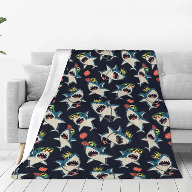 Fotbe Cartoon Sharks Manta de Franela Acolchonada con Estampado, Súper Suave y Esponjosa, Extra Grande para Sofá, Cama, Uso Todo el Año-80"x60"