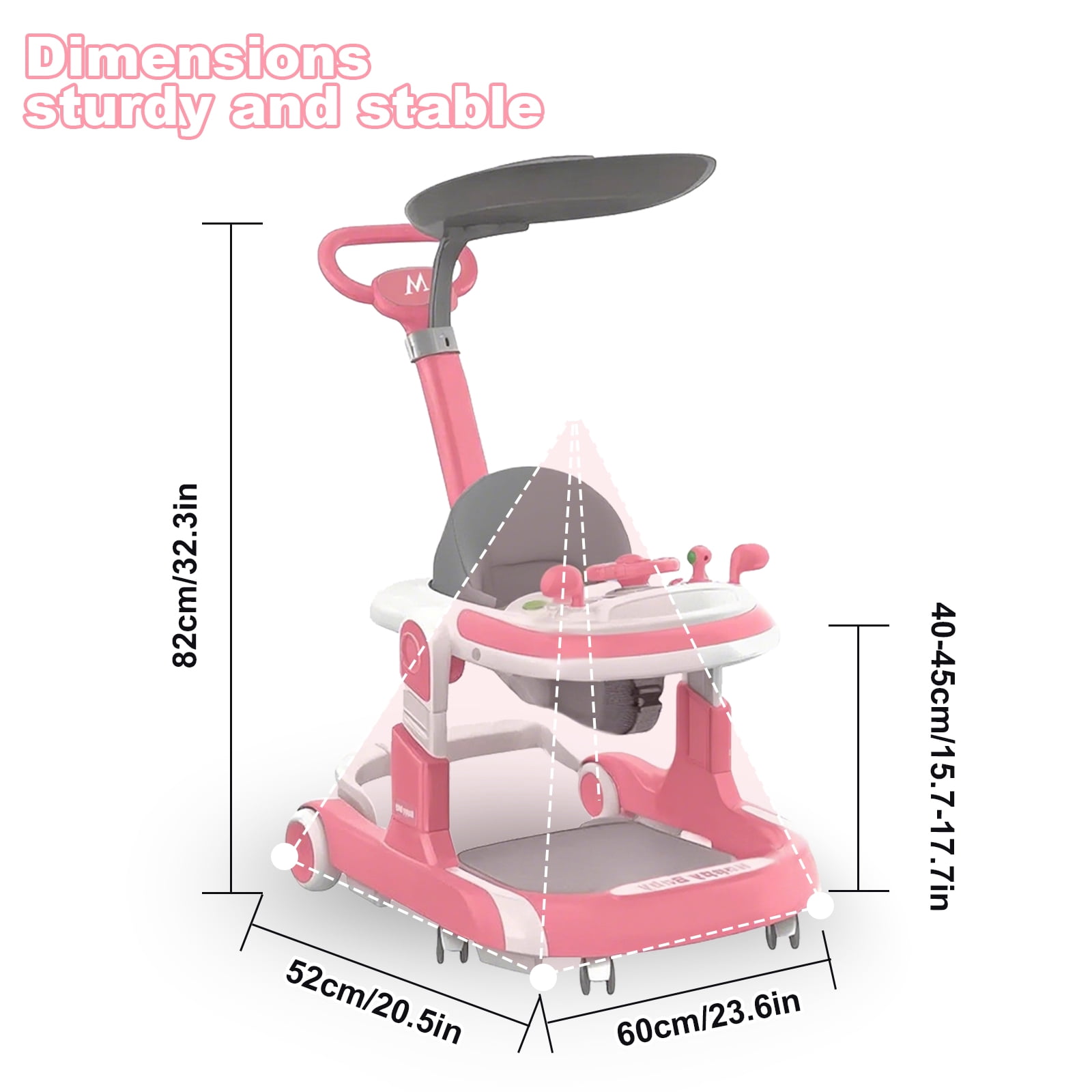 YUCHANG 4 in 1 Baby Walker with Wheels,Push Walker With Music Activity,Foldable and Height Adjustable,Pink