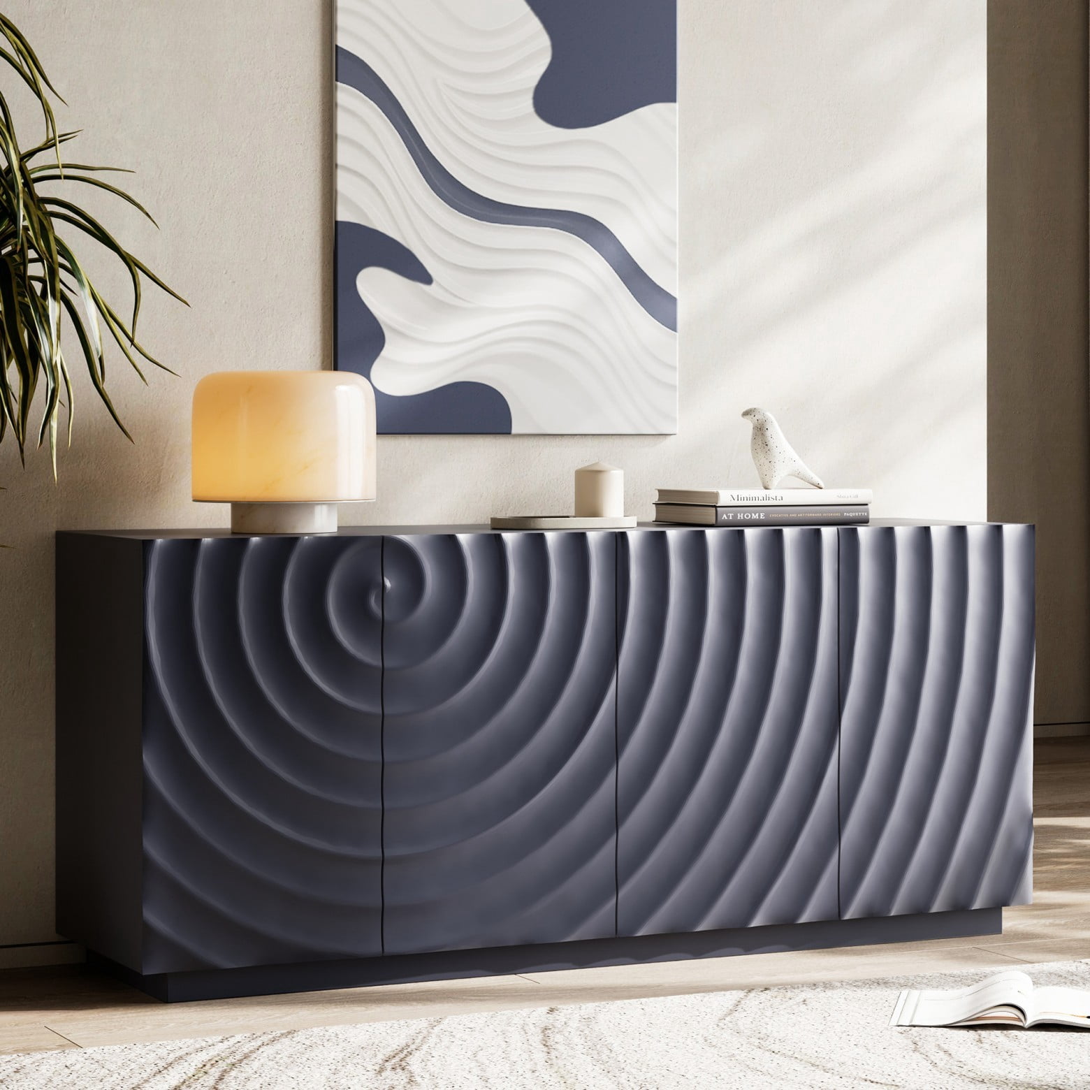 Modern 59" Buffet Cabinet with Storage, 4-Door Wave Textured Sideboard, Black Accent Console Table, Floor Standing Credenza for Living Room Kitchen, Navy Blue