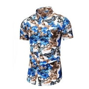 Fengqque Mens and Big Mens Long Sleeve Classic Hawaiian Short Sleeve Beach Stand-up Collar Shirt Printed Summer Button Down Shirts