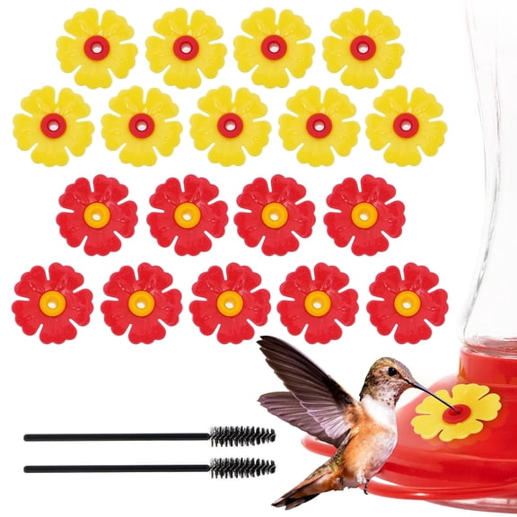 MEKKAPRO Humming Bird Feeder Replacement Flowers, 18 Flowers Replacement Set with 2 Cleaning Brushes, Hummingbird Feeder Replacement Parts (9 Red and 9 Yellow)