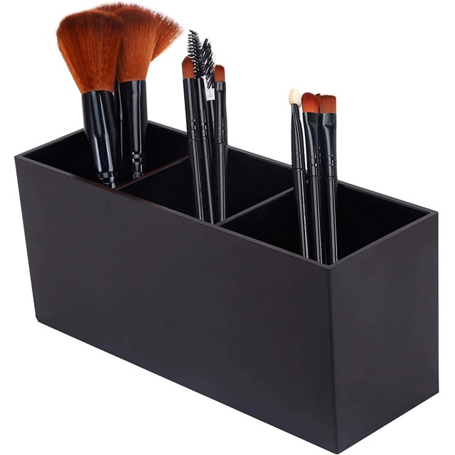 Makeup Brush Holder Organizer - Acrylic, 3 Compartments - Make Up Brushes Holder, Makeup Brush Cup Container Storage Case