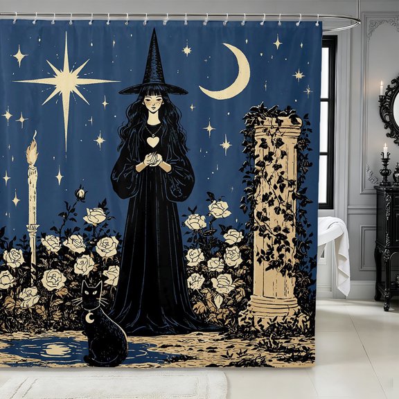Erosebridal Gothic Witch Shower Curtain 72Wx72L,Halloween Black Cat Rose Bathroom Curtain,Navy Blue