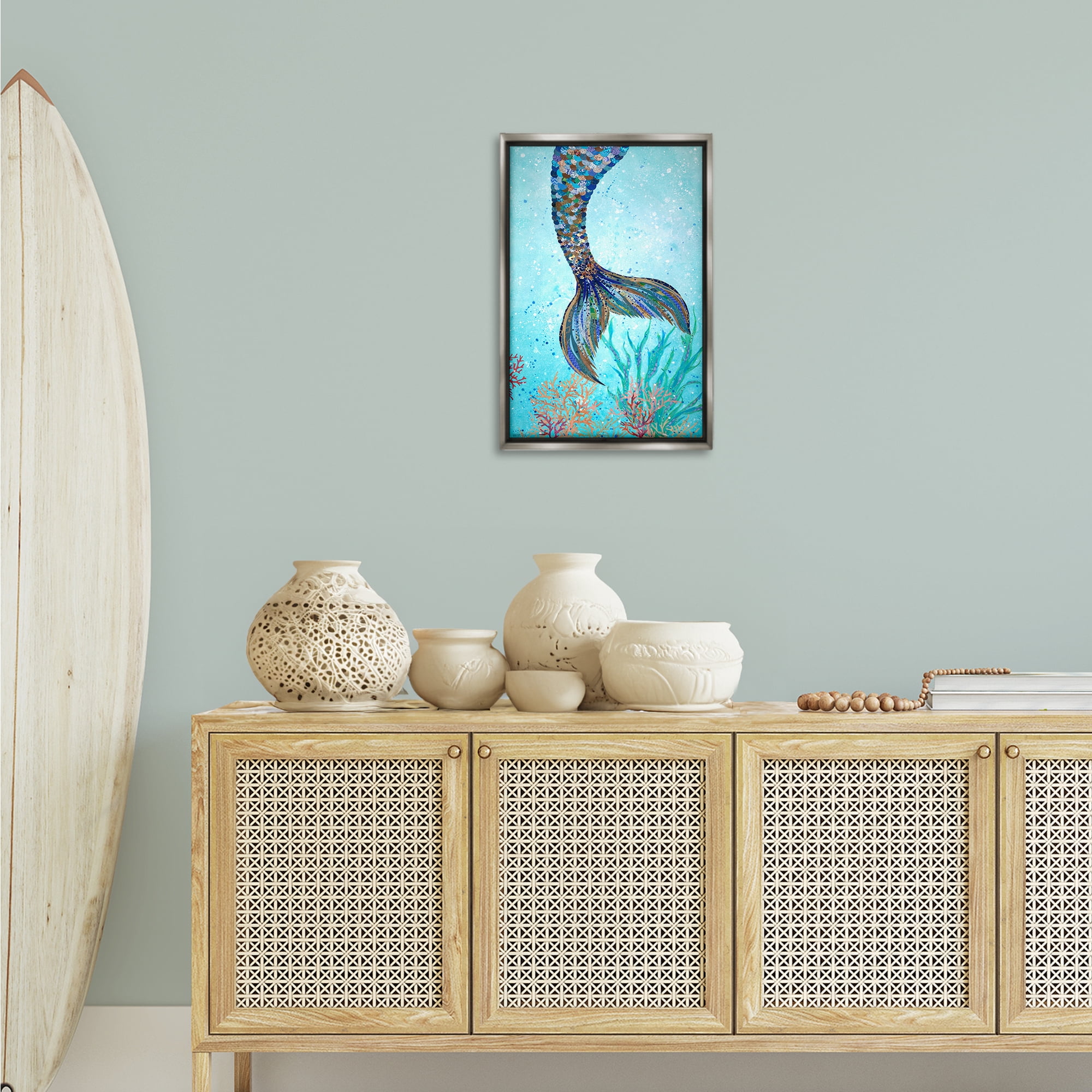 Stupell Industries Tall Tails Mermaid Fairy Tales & Fantasy Painting Gray Floater Framed Canvas Art Print Wall Art, 17 x 25