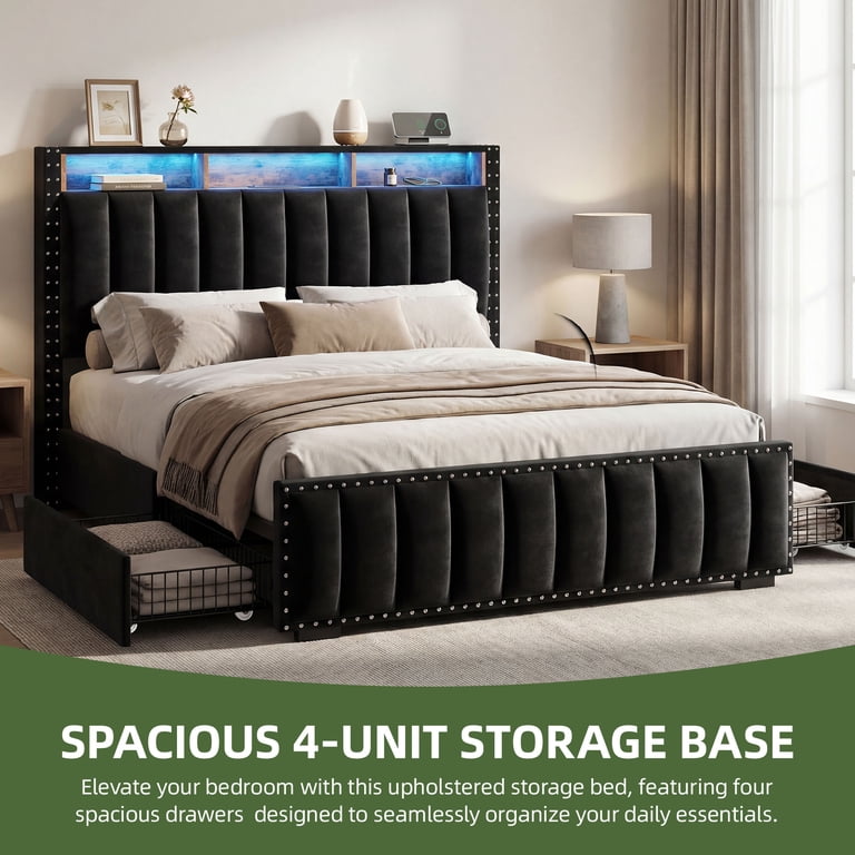 Uforic Queen Bed Frame with LED Lights and Storage Drawers photo 4