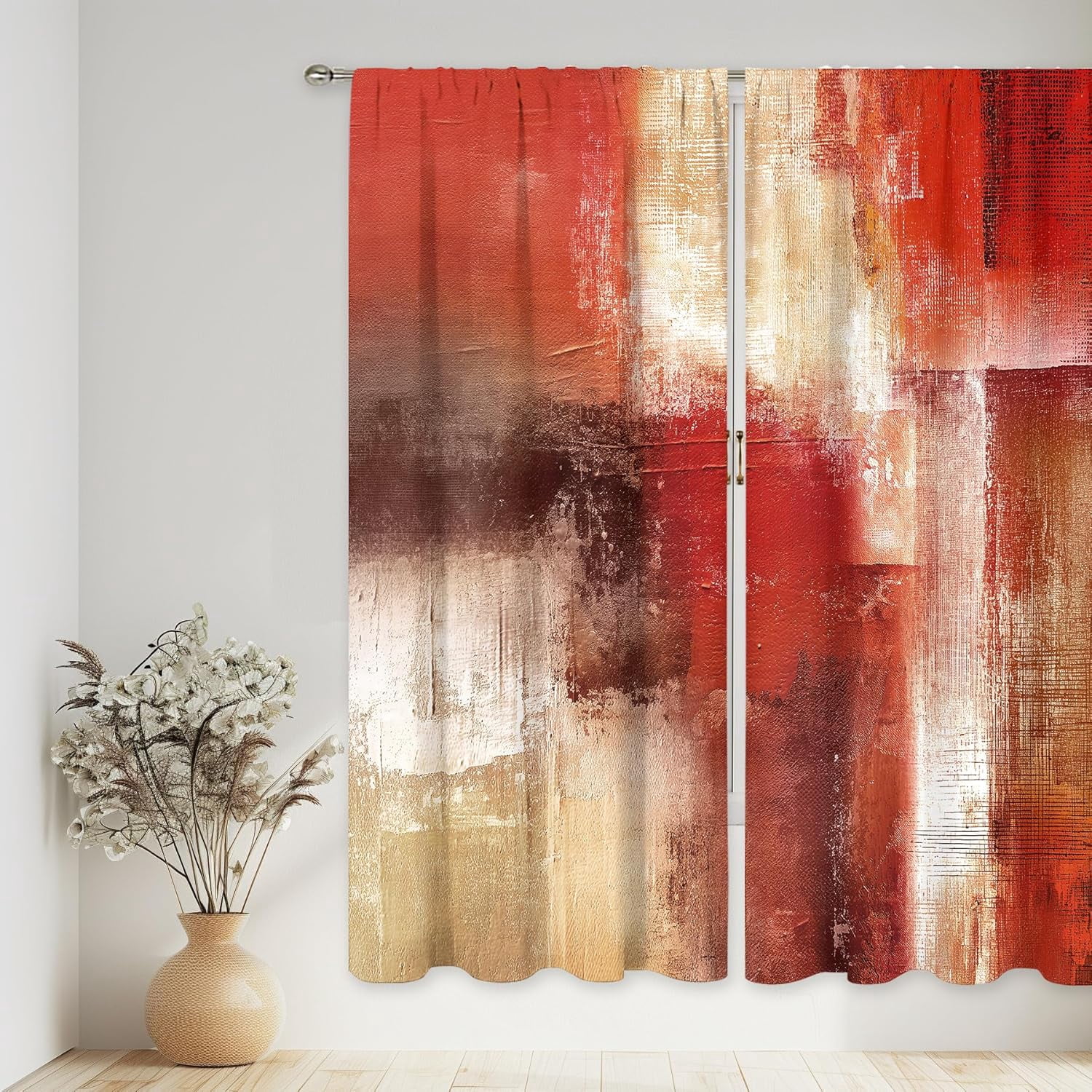 Red Curtains 52Wx84H Inch Rod Pocket Abstract Rustic Vintage Burgundy Brown Modern Oil Painting Bedroom Window Drapes Contemporary Women Art Aesthetic Printed Living Room Window Treatment