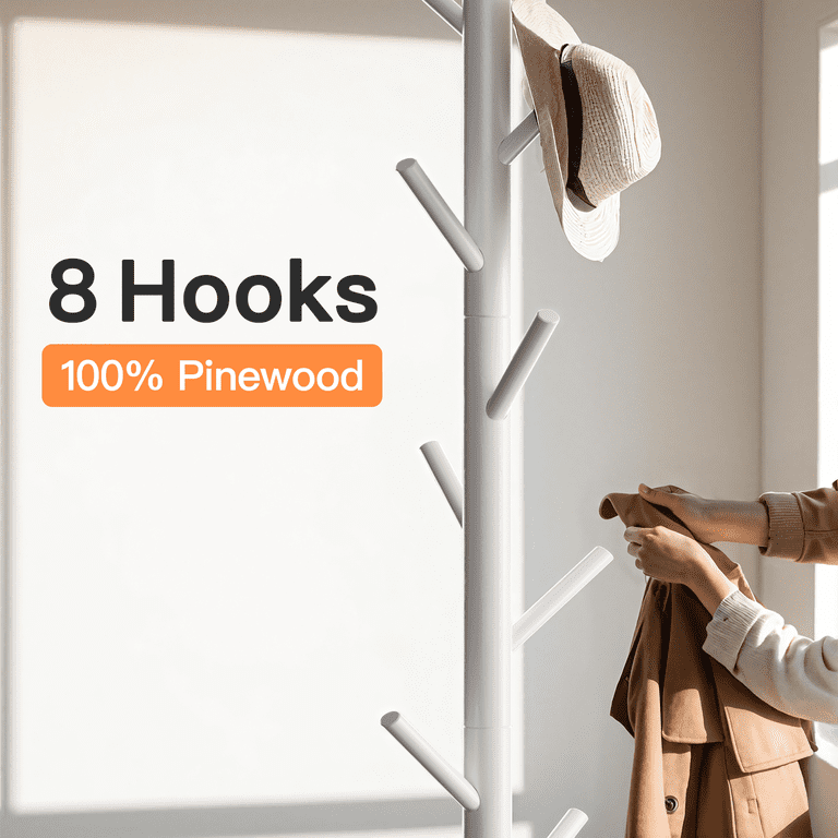 Adjustable Wooden Coat Rack Stand, 8 Hooks, Suitable for Home
