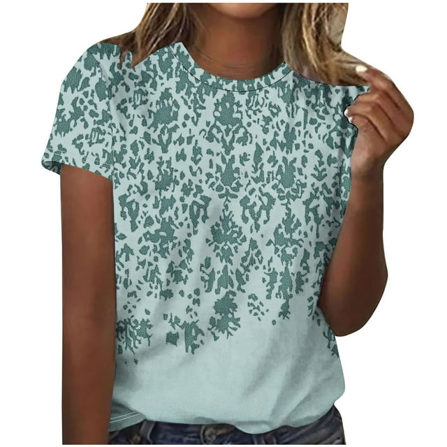 Staron Hauts d'Été Amples pour Femmes à Manches Courtes Col Rond Chemises Imprimé Floral T-Shirts Basiques Amples Tuniques Fluides Mode Blouses Habillées Vert TG