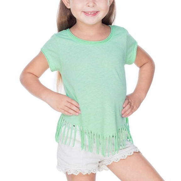 Kavio! Girls 3-6X Sheer Jersey Raw Edge V Fringe Short Sleeve Ice Green 4