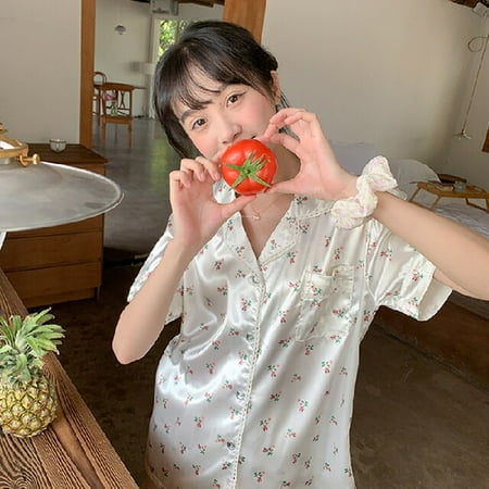 

PIKADINGNIS Satin Pajama Sets Women Floral Casual Home Cozy Soft Breathable Kawaii Sweet Style Ulzzang Simple Ins Retro Summer Short Young