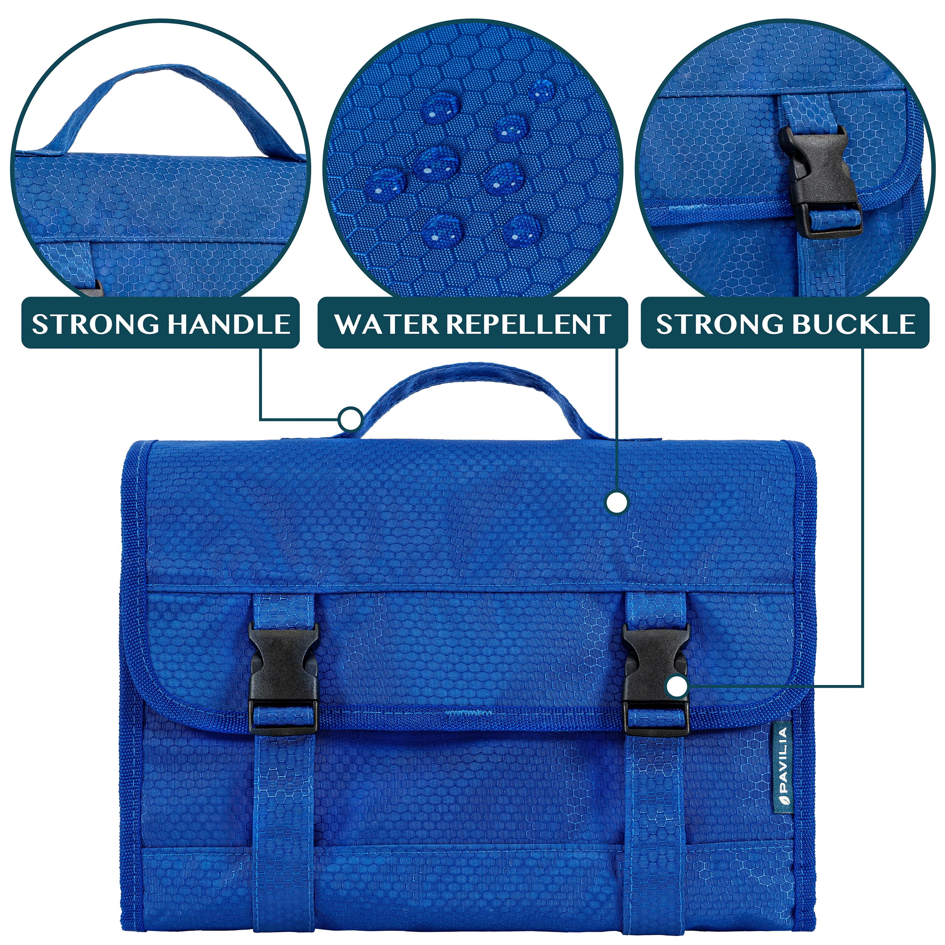 PAVILIA Travel Hanging Toiletry Bag for Women Men, Extra Large Capacity Makeup Bag Kit, Waterproof Cosmetic Storage Organizer Case for Bathroom Shower, Royal Blue