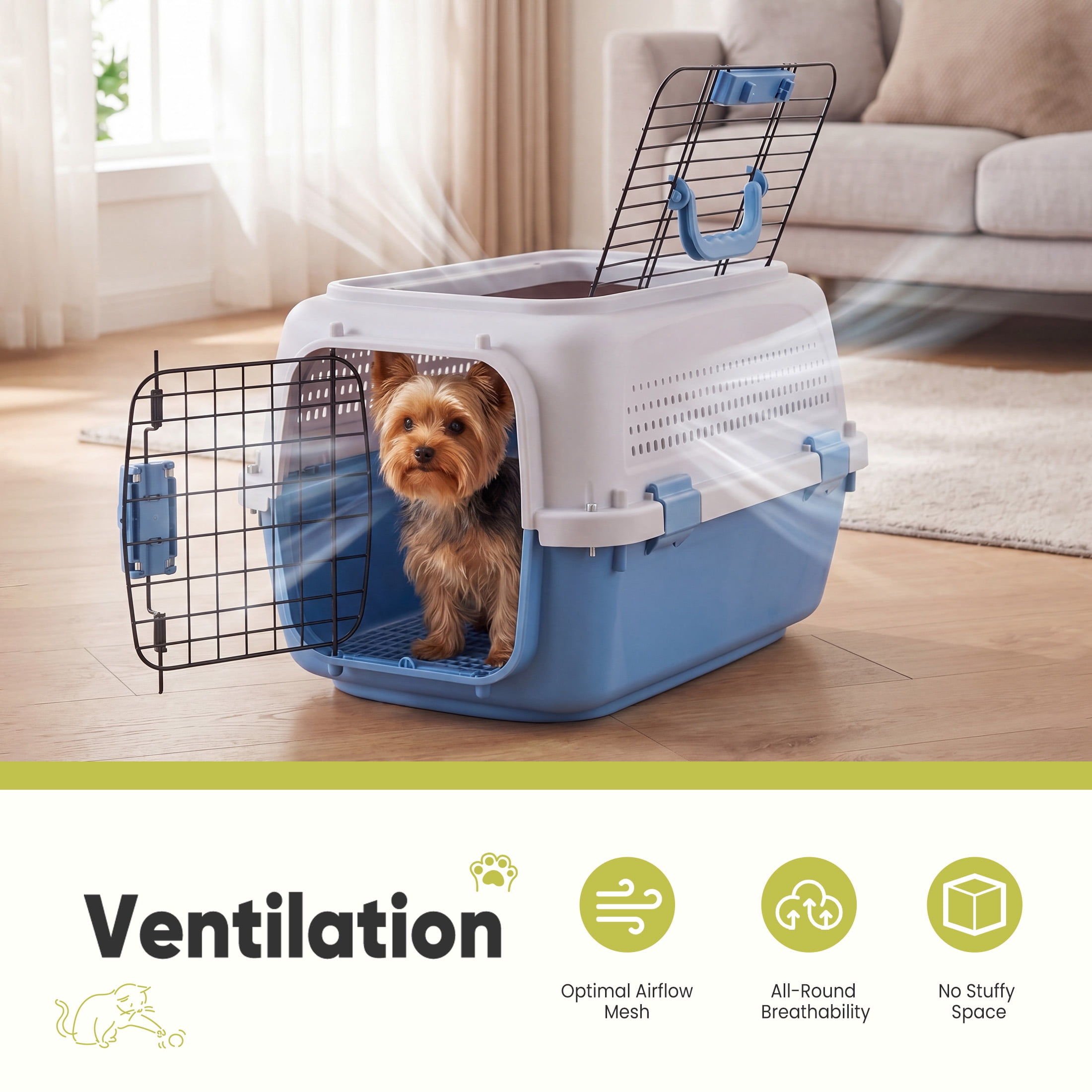EDX Dog Crates for Small Dogs & Cat Carriers, Two-Door Plastic Pet Kennel, Top & Front Loading, 23", Gray&Blue