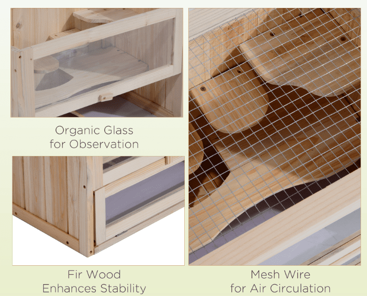Hamster Cage 2 Level, Mice & Rat Habitat, Guinea Pig House - Wood Small Animal Cage w/Open Top, Front Door, Shelf & Ladder, Natural Finish