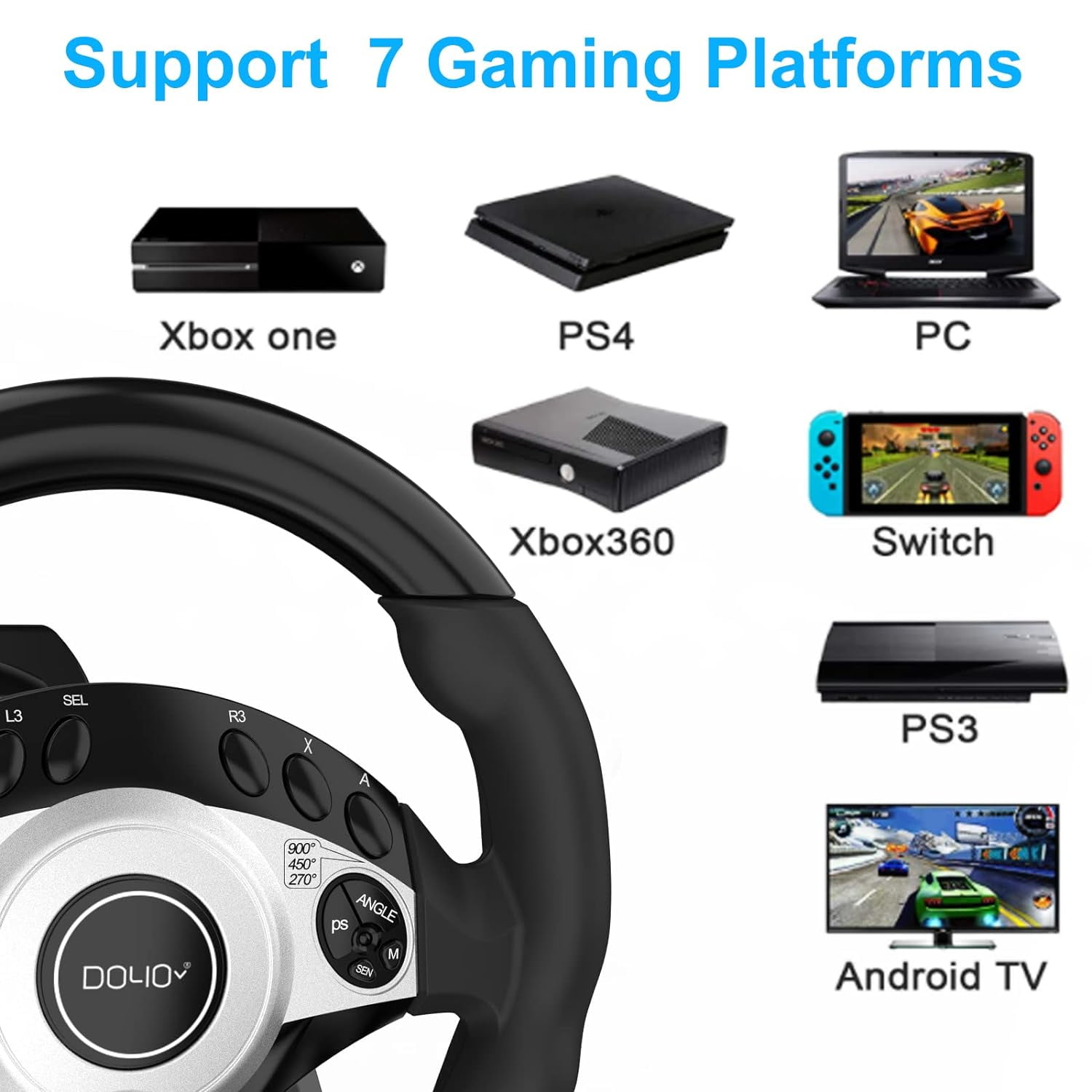NBCP Racing Steering Wheel with Pedals, 270/900° Vibration Shifter for Xbox/PS4/PS3/Switch/PC