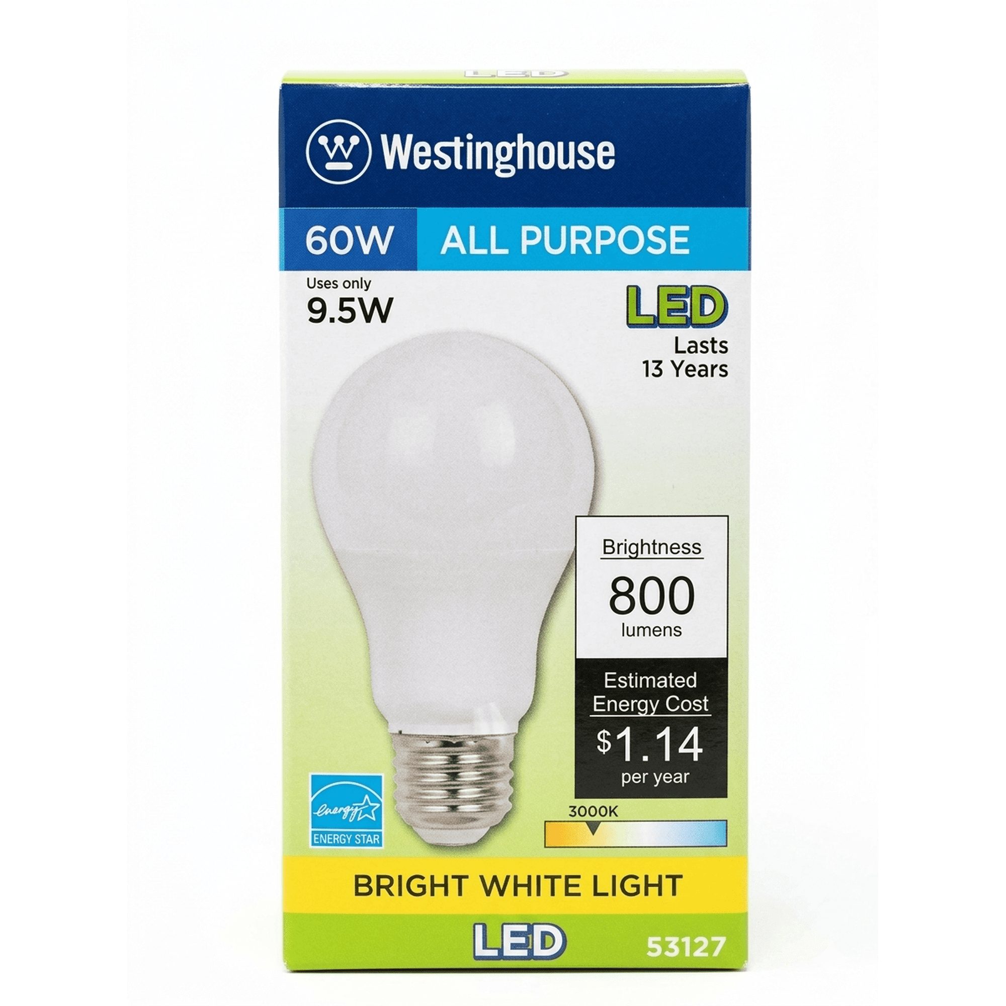 Westinghouse 53127 LED Light Bulb 9.5W (60W Equivalent) Bright White A19 Light Bulb