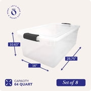 HOMZ 64-Quart Clear Stackable Plastic Storage Bins, Black Latches, 8 Pack