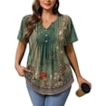 thumbnail image 5 of Womens Plus Size Tunic Tops Summer Short Sleeve V Neck Floral Blouse Casual Loose Fit Pleated Button Down Dressy T Shirts for Work, Travel & Everyday Wear, 5 of 6