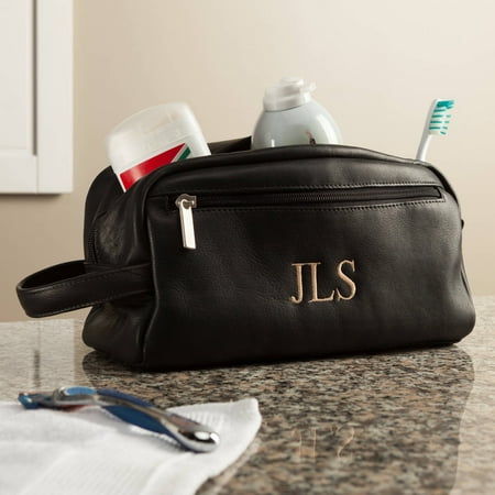 Personalized Black Leather Toiletry Bag