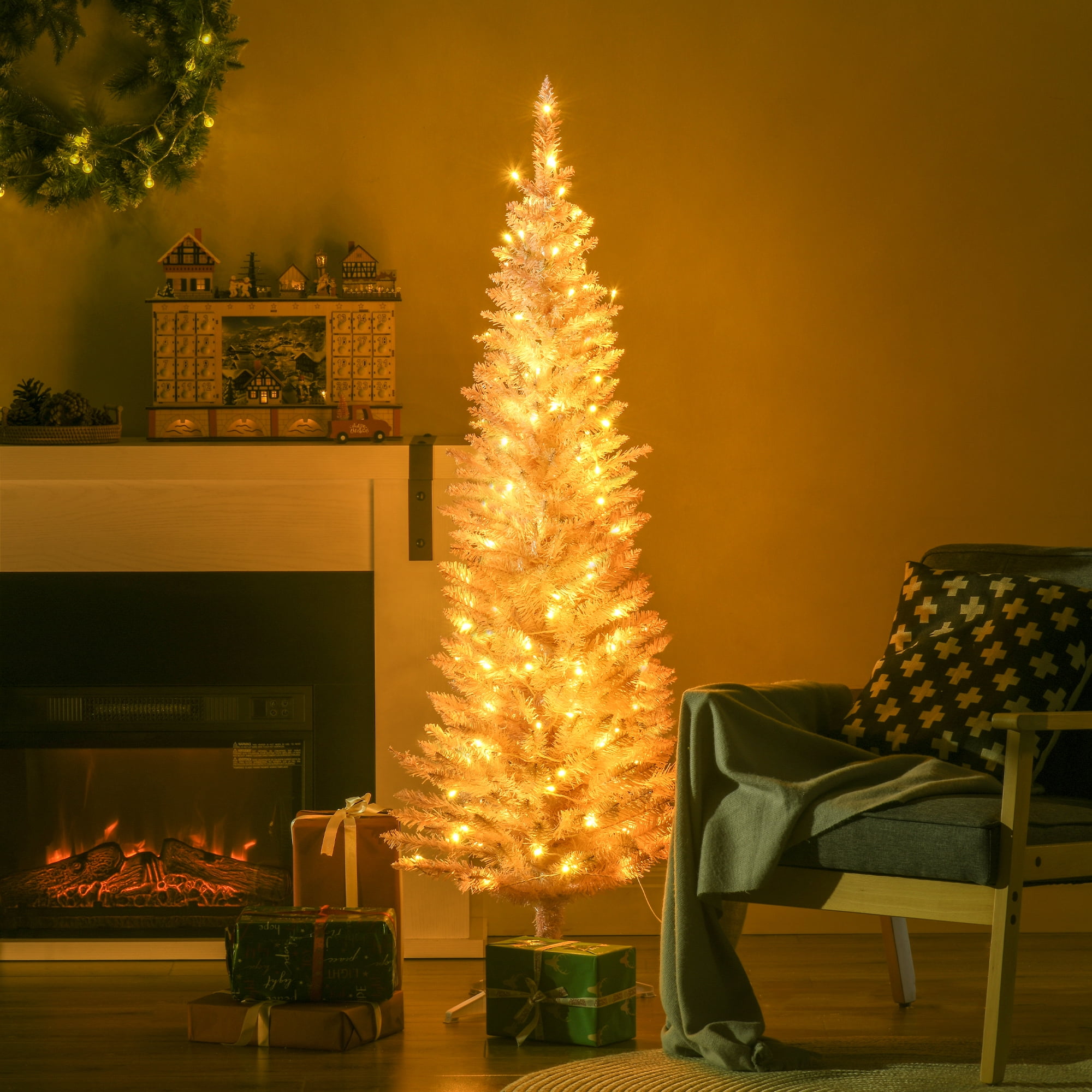 5 ft Pre-Lit Slim Artificial Christmas Tree with 110 Warm White LED Lights, Pink