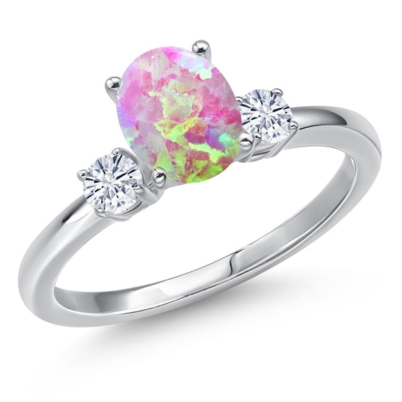 Gem Stone King 14K White Gold Simulated Pink Opal and White Moissanite Engagement Ring for Women | 1.25 Cttw | Oval Cabochon 8X6MM | Gemstone October Birthstone | Size 7