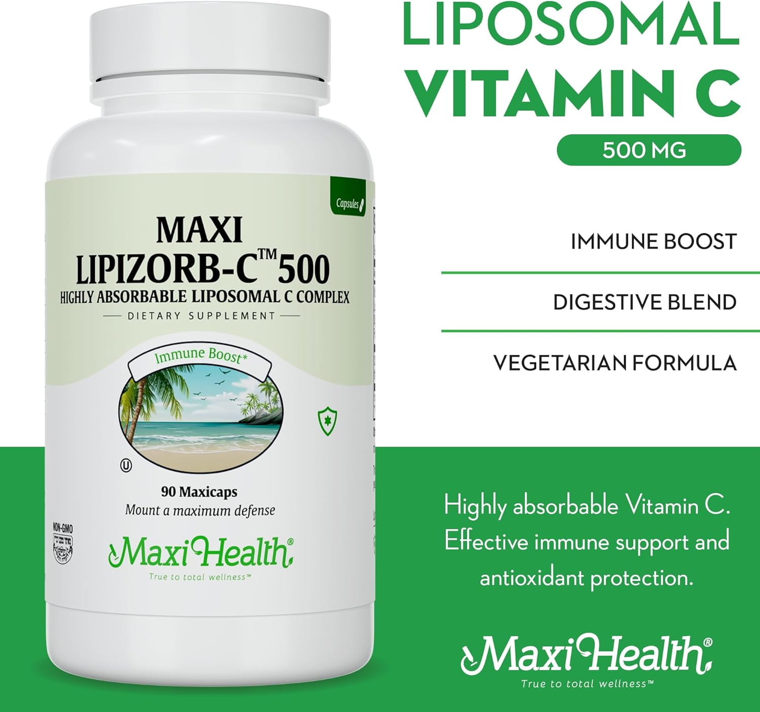 Maxi Health Liposomal Vitamin C Supplement – Immune Support – 500mg Buffered – 90 Vegetarian Capsules – 1 pack