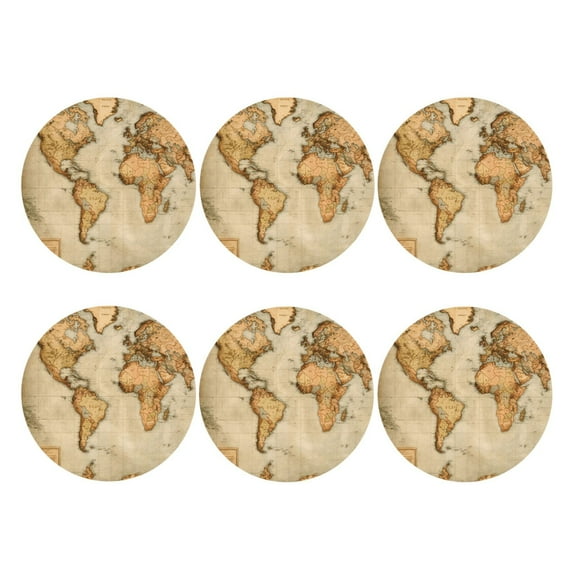 Vintage Style World Map Set of 6 Faux Leather 4 Inch Coasters Drinks Tabletop Home Dinning Round Shape