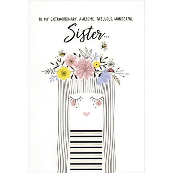 Pictura Girl Drawn with Thin Black Lines : Flowers In Hair Birthday Card for Sister
