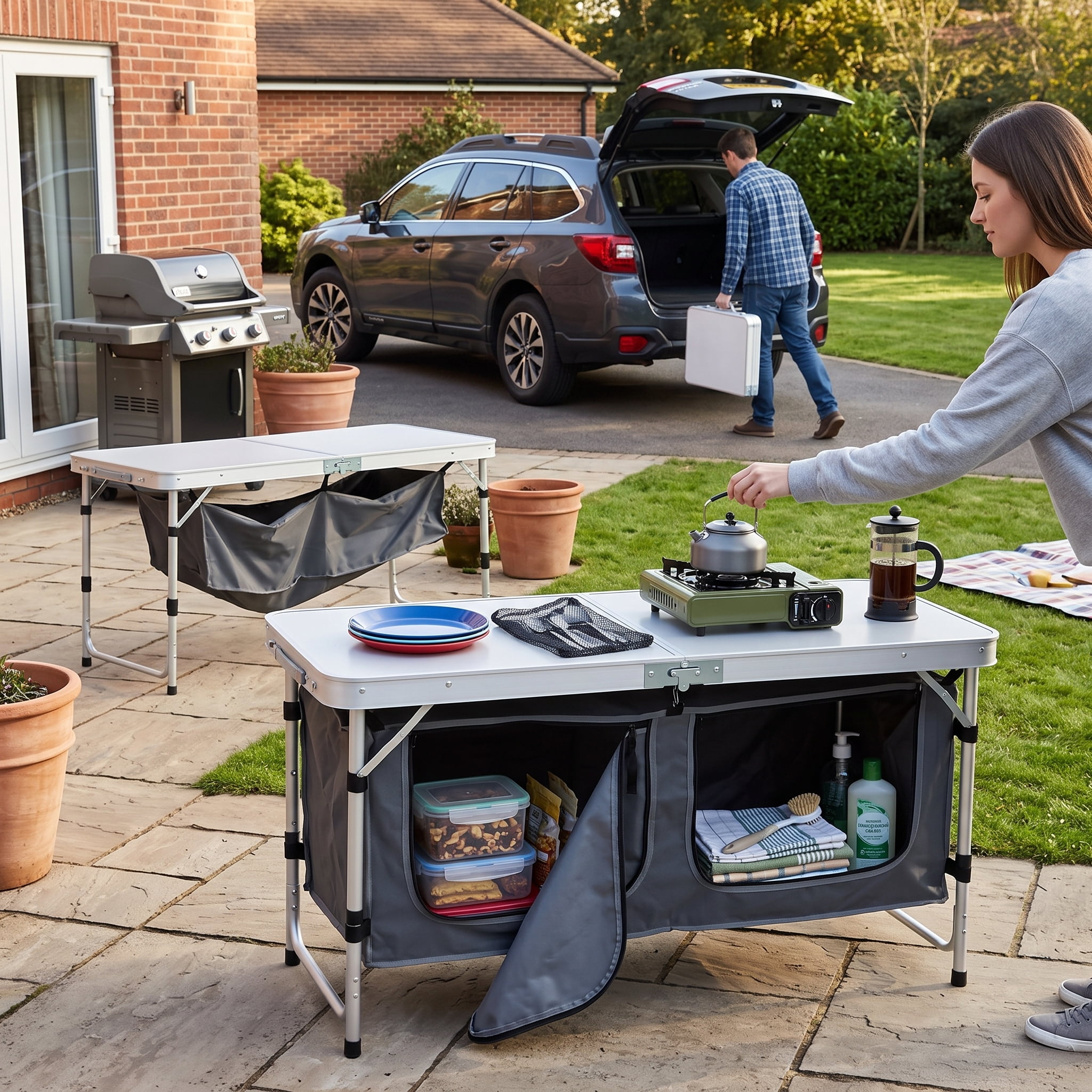 Foldable Camping Fishing Table, 3 Adjustable Heights Aluminum Frame Outdoor Table with Zippered 600D Oxford Storage Bag, MDF Tabletop, 55LBS Capacity for Picnic BBQ Backyard
