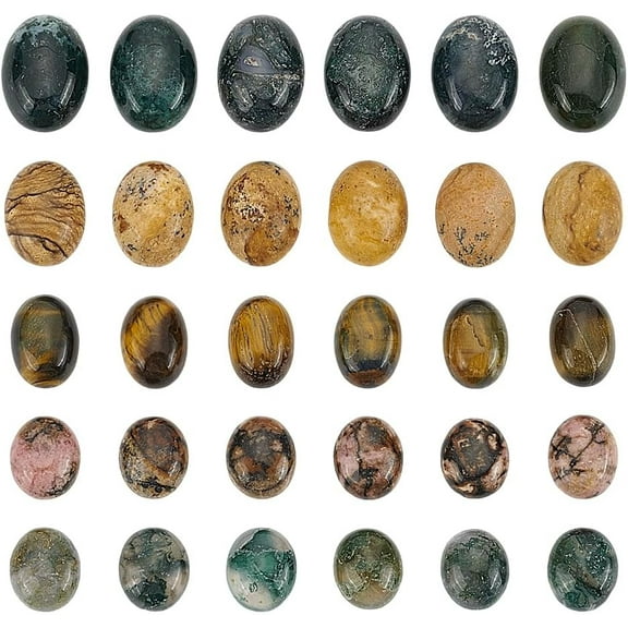 30pcs 5 Styles Oval Stone Cabochons Gemstone Cabochons Flatback Gemstones Beads Crystal Stone Flatback Semi-Precious Gemstones Beads for Bracelet Necklace Pendant Jewelry Making Craft