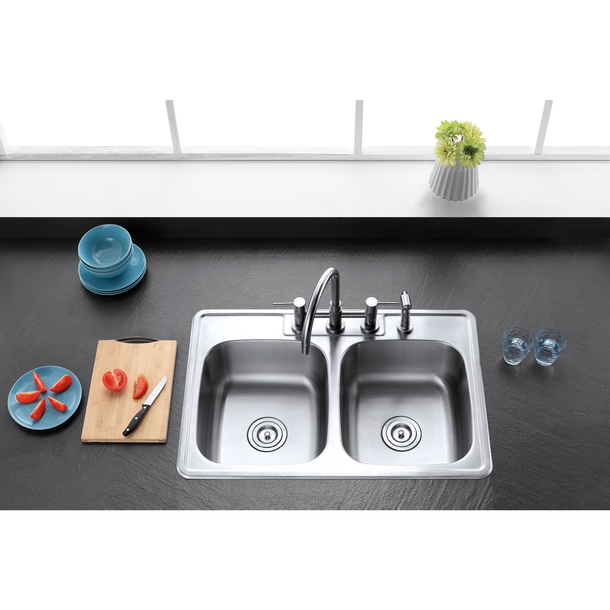 Gourmetier GKTD33227 Studio 33" Stainless Steel Self-Rimming Double Bowl Drop-In Kitchen Sink, Brushed