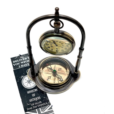 Antique Design Nautical Clock with Compass | Victoria London Solid Brass Table Top Decor | Vintage Antique Finish Clock
