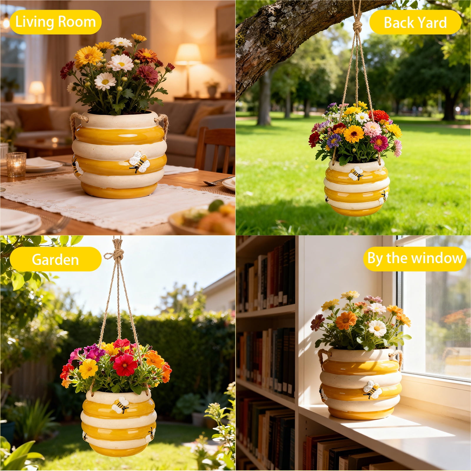 Ceramic Bee Hive Hanging Planter – Yellow & White Striped Flower Pot with Jute Rope Hanger, Bee Decor for Indoor/Outdoor Plants, Succulents & Flowers