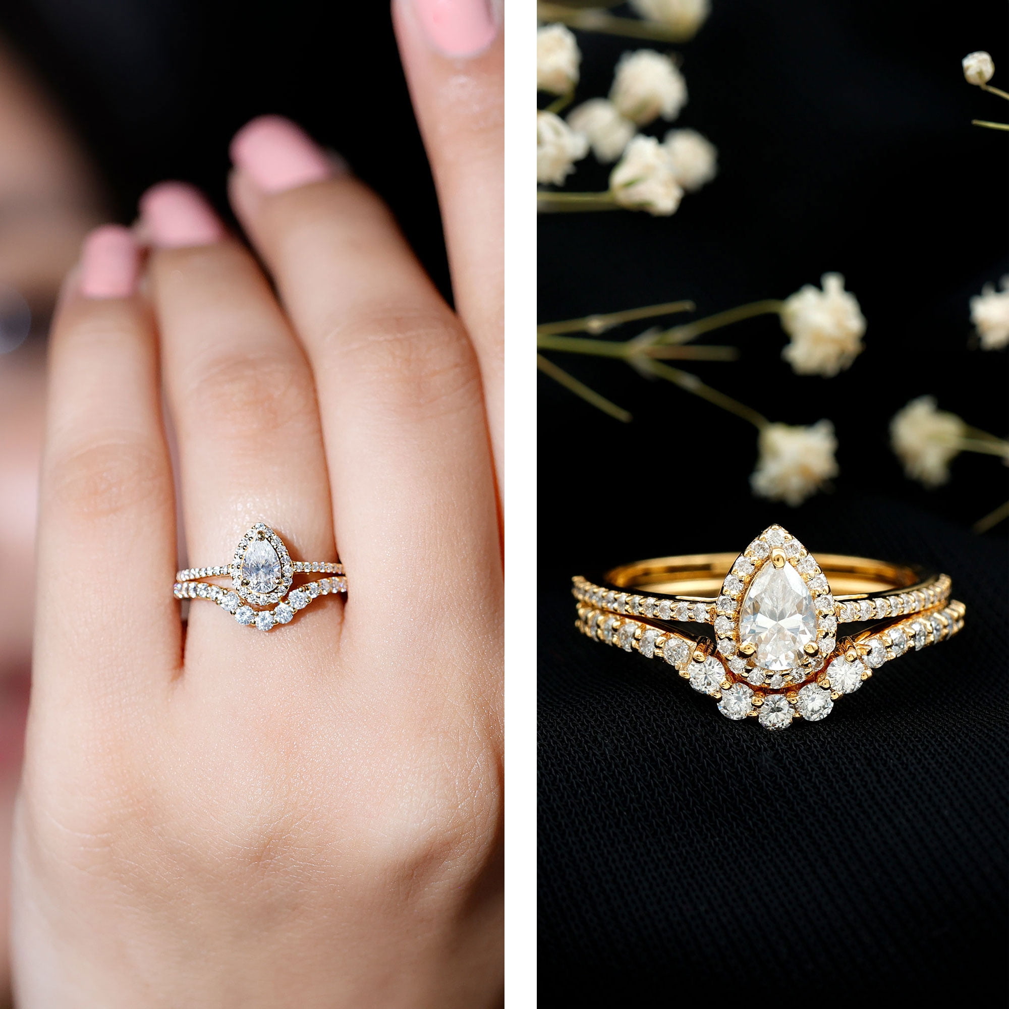 Rosec Jewels Moissanite Wedding Ring Set for Women - D-VS1 Quality Pear Shaped Engagement Ring with Curved Band, 10K Yellow Gold, US 5.50