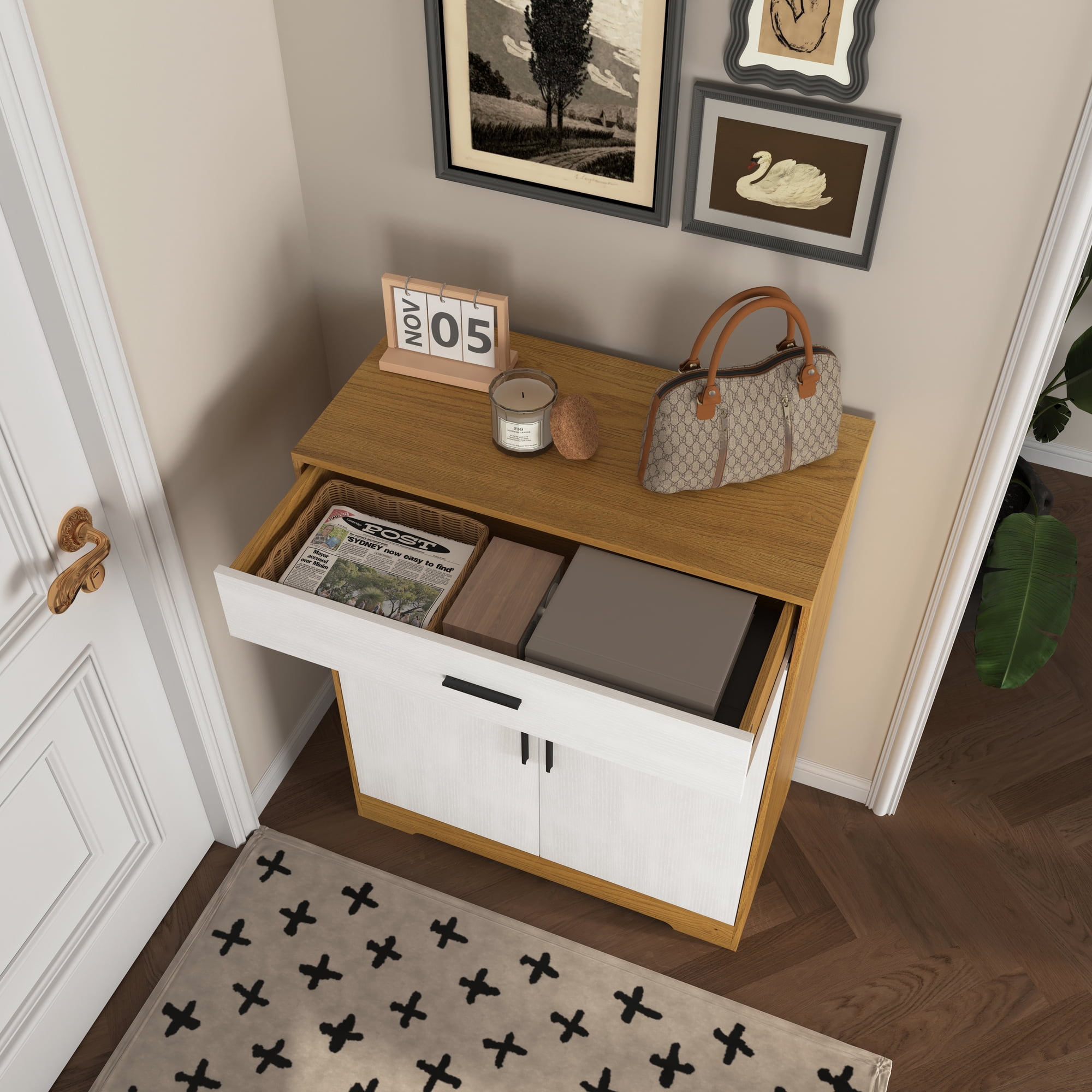 Noble House 4-Tier Shoe Storage Cabinet with Drawer, Adjustable Shelves, Natural and White