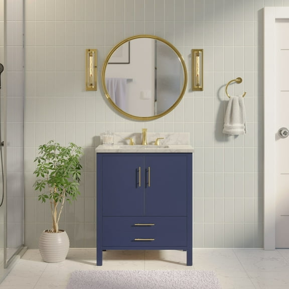 California 30" Bathroom Vanity with Royal Blue Cabinet and Carrara Marble Top