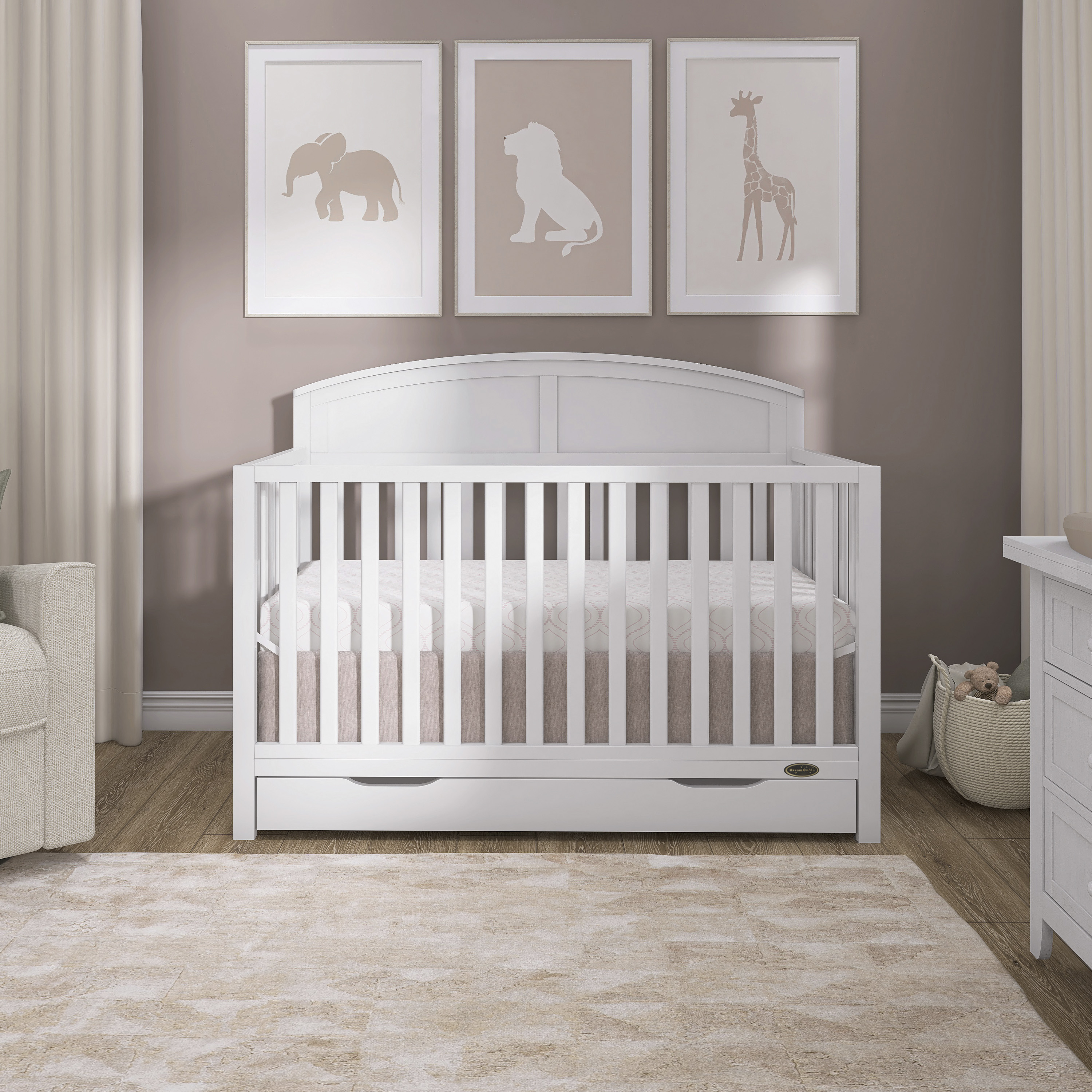 Dream On Me Storybrooke 5 in 1 Convertible Crib with Under Drawer, White