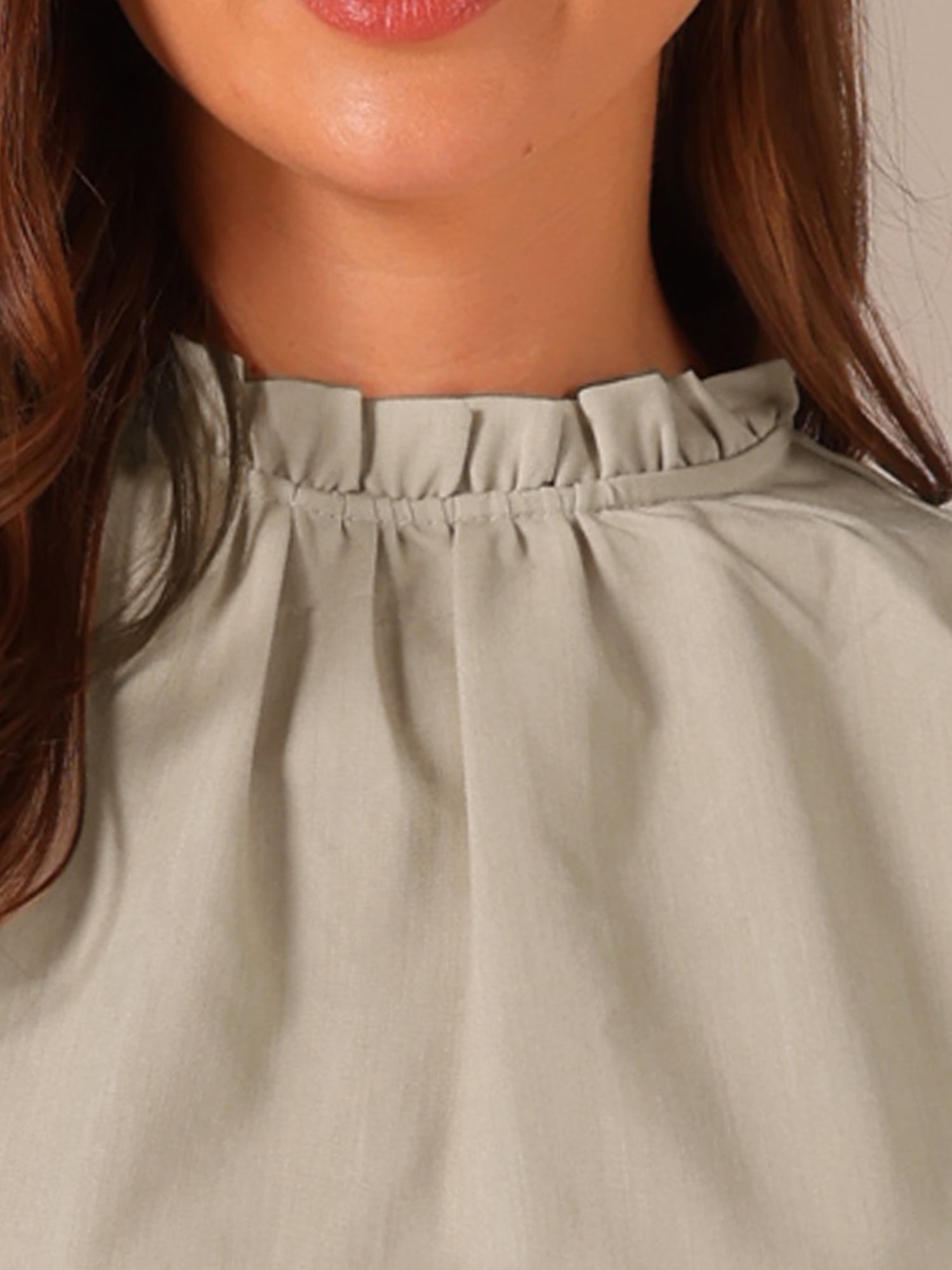 DARING DIVA Sleeveless Frill Mock Neck Chambray Blouse XL Light Khaki
